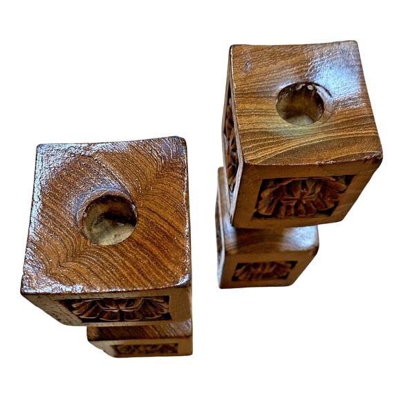 VTG Carved Wood Candlesticks Mid Century Taper Candle Holders Thai Philippines? - Picture 3 of 10